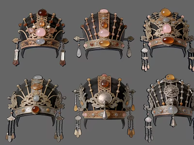 Ornate Traditional Hairpiece Hanging Ornaments With Gemstones Tassels And Intricate Metalwork 3d model