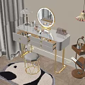 Elegant White Dressing Table With Golden Legs Round Mirror Open Drawers And Cosmetics On Top