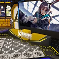Gaming Character Display Area With Large Screen Figurine Cases Industrial Ceiling Pipes And Kamon Logo