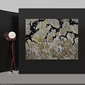 Abstract Painting with Black White Gold Gray Colors on Dark Wall and Red Floor Lamp