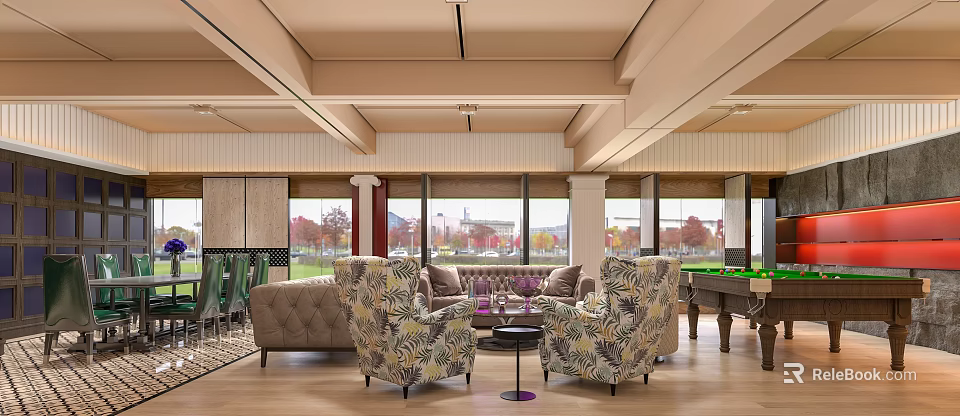 Inviting Lounge Area With Patterned Armchairs Sofa Pool Table Large Windows Green Lawn View Outside 3d model 