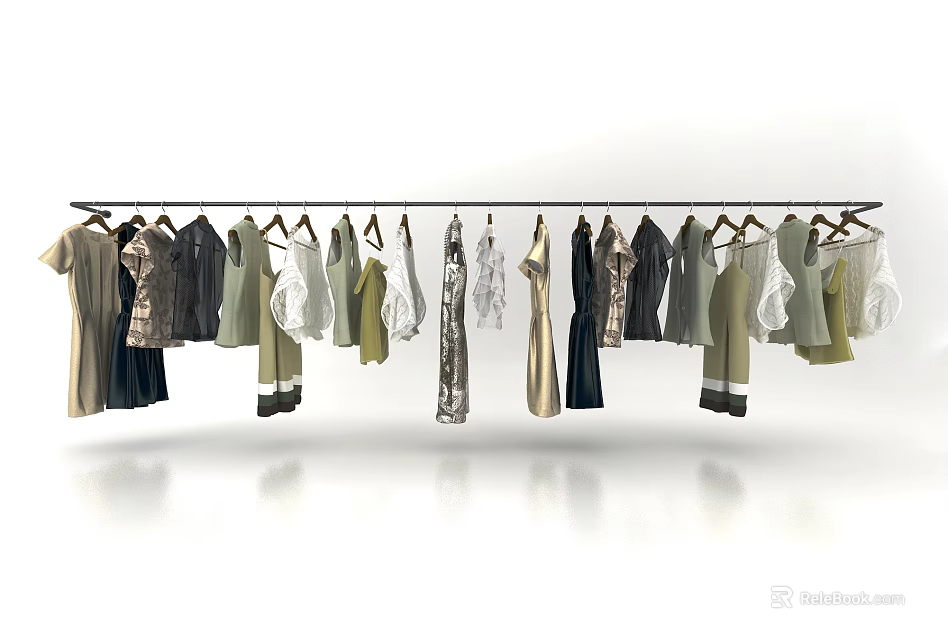 Stylish Clothes Collection Hanging On A Metal Rack With Various Styles And Colors 3d model 