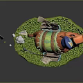 Playful Orange Rodent Game Character With Blue Hat Basket Small Flag On Green Grass