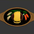 Sizzling Steak with Fried Egg Broccoli and Red Pepper on Hot Grill Plate