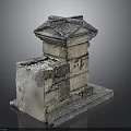Ancient Stone Architectural Structure with Square Base and Tiered Roof Featuring Weathered Surface and Moss