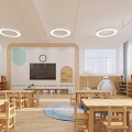 Bright Modern Kindergarten Classroom With Wooden Tables Chairs TV Clock Bookshelves Curtains And Toys
