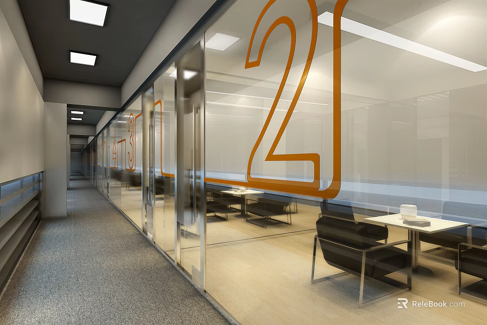 Modern Lounge Area With Glass Partitions Orange Numbers Black Chairs And Tables 3d model 