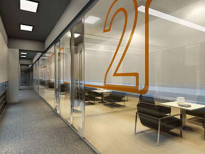 Modern Lounge Area With Glass Partitions Orange Numbers Black Chairs And Tables 3d model