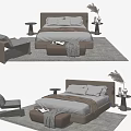 Modern Double Bed Interior with Bedside Tables Bench Blanket and Pillows on Rug 3d model
