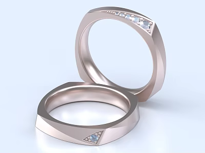Modern Minimalist Couple Rings With Geometric Design And Diamond Accents In Rose Gold 3d model