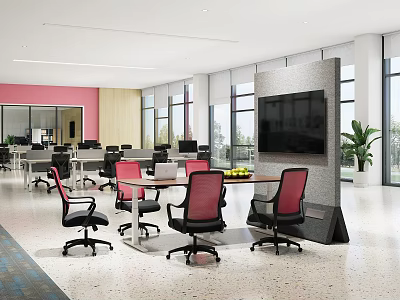 Modern Public Office Space With Open Layout Red Chairs Large Windows Wall TV And Green Plants 3d model