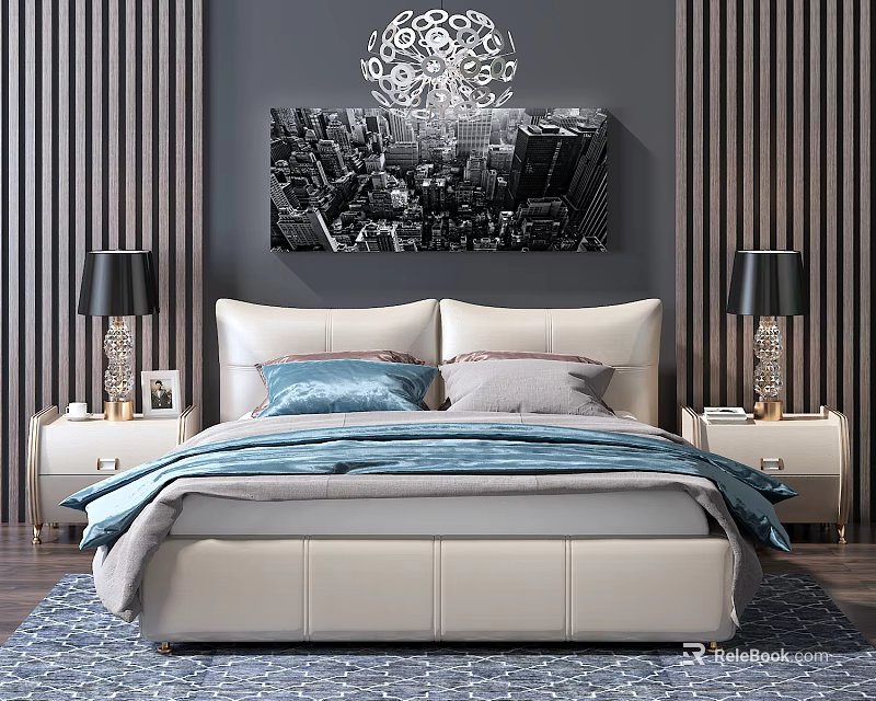 Modern Bedroom Interior With Double Bed Leather Headboard Blue Bedding Bedside Tables And Wall Art 3d model 