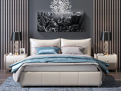Modern Bedroom Interior With Double Bed Leather Headboard Blue Bedding Bedside Tables And Wall Art 3d model