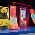 Traditional Chinese Shehuo Cultural Festival Decoration With Red Frames Scrolls And Yellow Fans