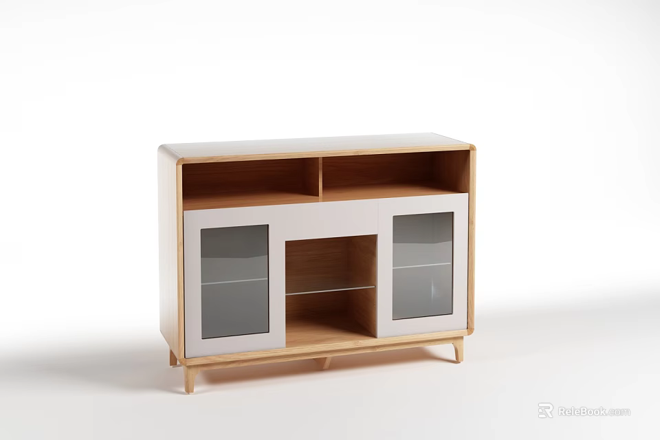 Modern White and Wood Sideboard With Glass Doors and Open Storage 3d model 