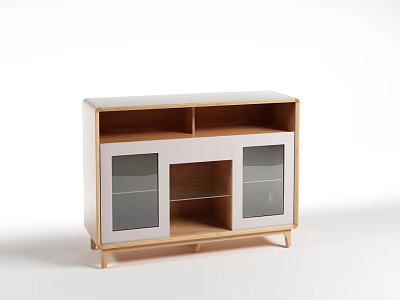 Modern White and Wood Sideboard With Glass Doors and Open Storage 3d model