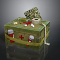 Wooden First Aid Kit With Red Cross Medicine Bottles Bandages And Tape