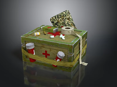 Realistic style military medical box medical supplies military box wooden box first aid bag bandage medicine metal box camouflage medical supplies physical scene 3d model