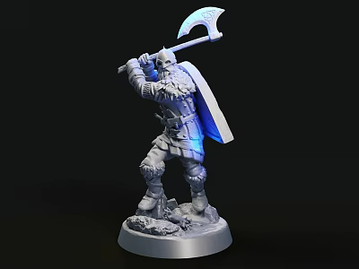 Warrior Sculpture Carving with Glowing Axe Shield and Armored Standing Pose on Base 3d model