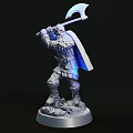 Warrior Sculpture Carving with Glowing Axe Shield and Armored Standing Pose on Base