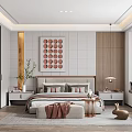 Contemporary Bedroom Interior Featuring Circular Artwork Wooden Wall Pendant Light And Bedside Table