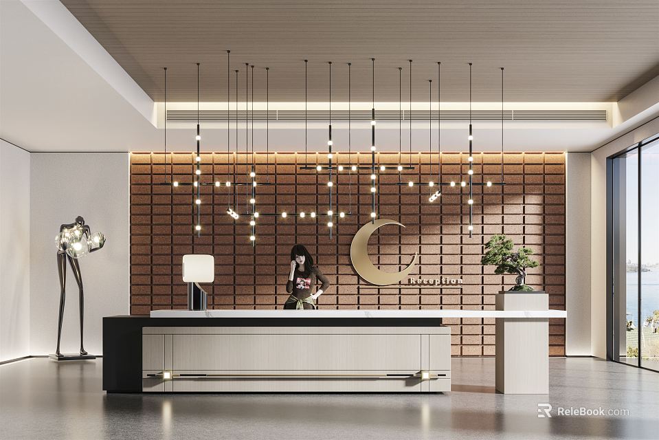 Modern Reception Desk With Wooden Wall Hanging Pendant Lights C Logo And Plant 3d model 