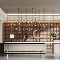 Modern Reception Desk With Wooden Wall Hanging Pendant Lights C Logo And Plant