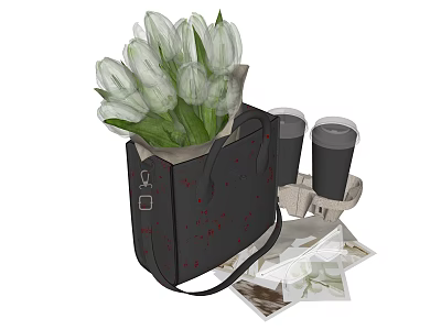 Chic Black Handbag With White Tulips Black Cups And Scattered 3d model