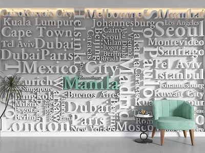 Living Room Wall Art With World City Names Decor 3d model