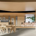 Modern Tea House Interior Design With Wooden Furniture Tables Chairs And Green Plants