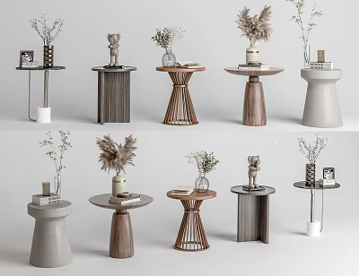 Elegant Modern Side Tables With Various Wooden Metal Bases And Decorative Vases Plants 3d model