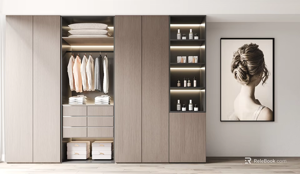 Modern Wardrobe Interior With Hanging Clothes Drawers Storage Boxes And Lit Skincare Shelves 3d model 
