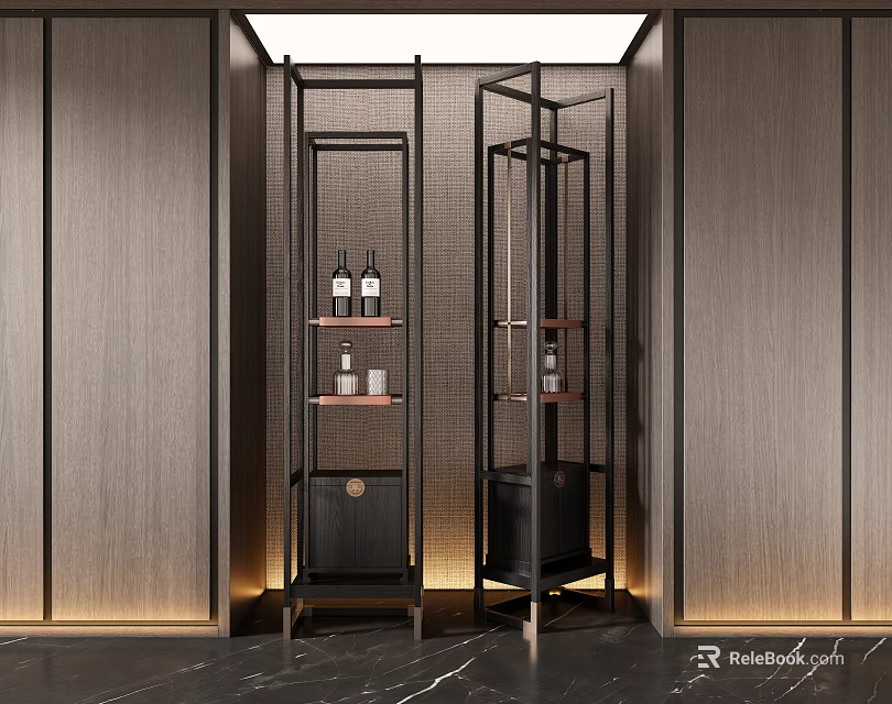 Elegant Modern Wine Rack With Metal Frame And Wooden Shelves Displaying Wine Bottles 3d model 