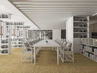 Modern Book Art Library Interior With Wooden Bookshelves Long Table And Comfortable Chairs 3d model
