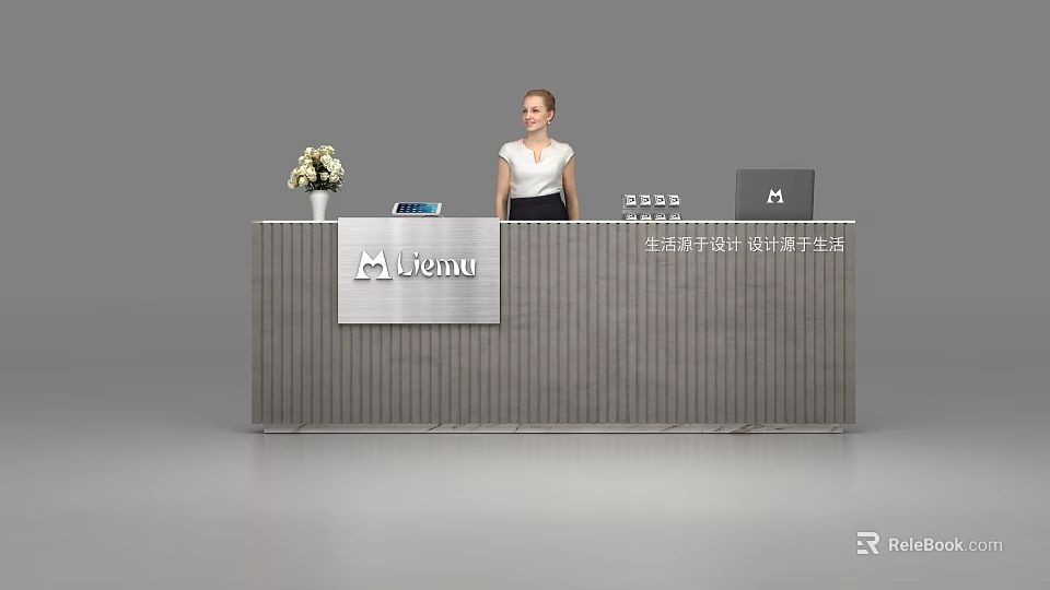 Modern Reception Desk With Miemu Logo Flower Arrangement Tablet And Laptop 3d model 