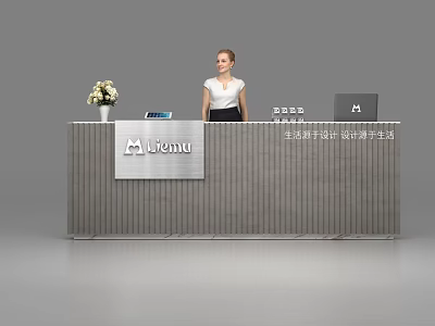 Modern Reception Desk With Miemu Logo Flower Arrangement Tablet And Laptop 3d model