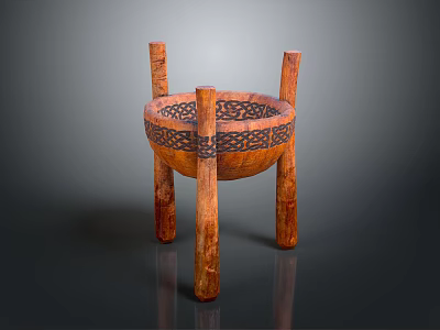 Traditional Wooden Storage Container With Four Cylindrical Legs And Decorative Woven Pattern 3d model