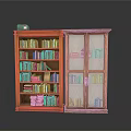 Vintage Wooden Bookcase Set With Open Shelves And Glass Doors Filled With Books