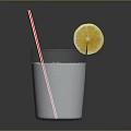Refreshing Glass of Cold Drink with Red White Striped Straw and Lemon Slice