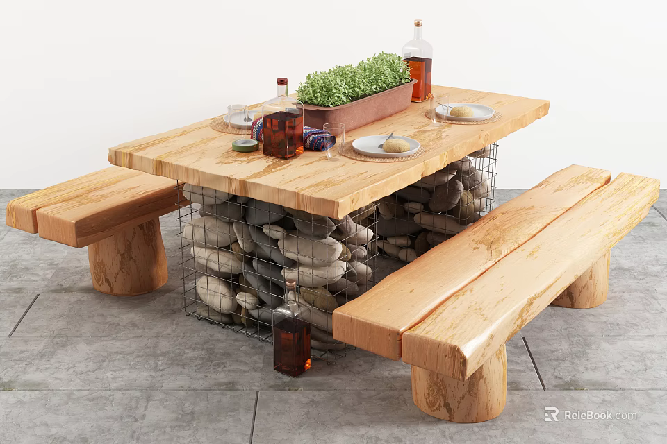 Outdoor Wooden Table With Stone Base and Wooden Benches Featuring Plants Wine Glasses Plates 3d model 