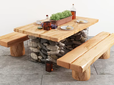 Outdoor Wooden Table With Stone Base and Wooden Benches Featuring Plants Wine Glasses Plates 3d model