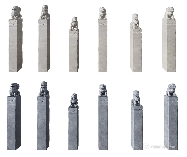 Multiple Traditional Stone Pillars With Lion Sculptures In Different Shades 3d model 