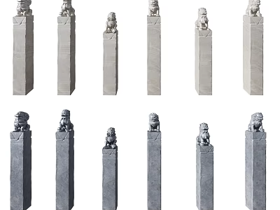 Multiple Traditional Stone Pillars With Lion Sculptures In Different Shades 3d model