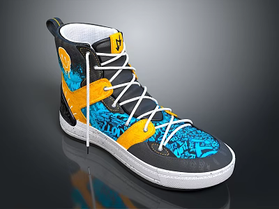 Stylish High top Shoes with Black Yellow Blue Patterned Design and White Laces 3d model