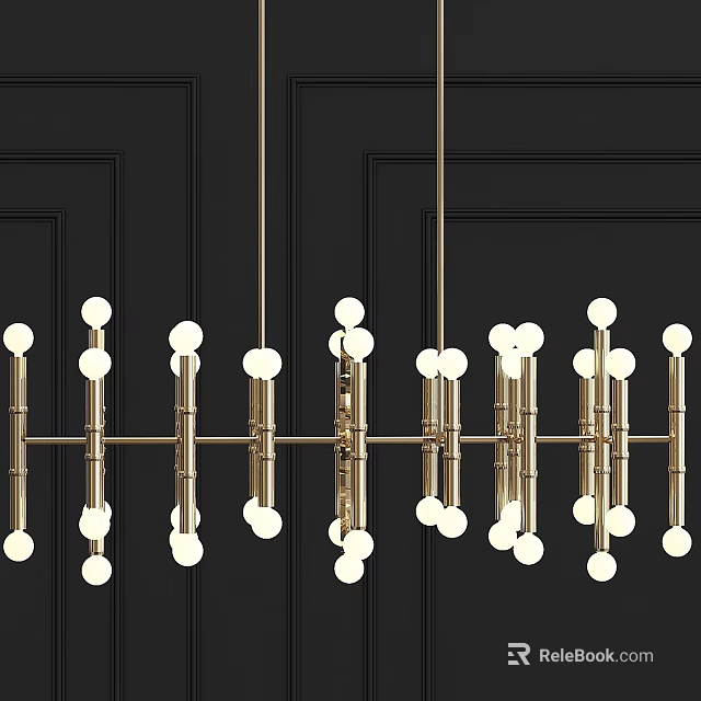Modern Linear Chandelier With Golden Metal Frame And White Spherical Bulbs 3d model 