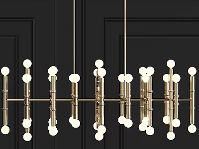 Modern Linear Chandelier With Golden Metal Frame And White Spherical Bulbs 3d model