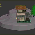 Two Story House With Orange Roof And Pine Tree Near White Platform With Figure