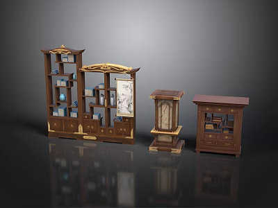 Classic Chinese Furniture Collection Featuring Dark Brown Wood Bookcase Floor Clock And Cabinet 3d model