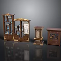 Classic Chinese Furniture Collection Featuring Dark Brown Wood Bookcase Floor Clock And Cabinet