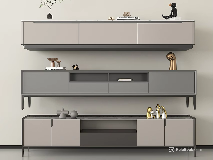 Modern Three Tiered TV Stand With Gray And Light Gray Design And Decorative Accents 3d model 